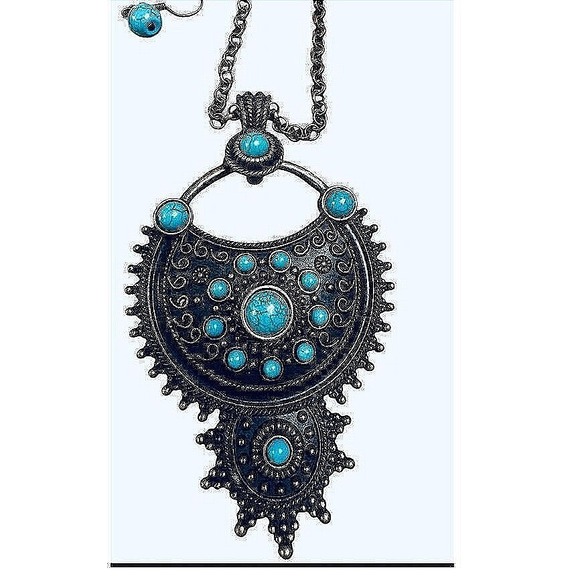 Jewelry - Boho‎ Turquoise Necklace Earrings Set Statement Pendant Bronze Adjustable Chain